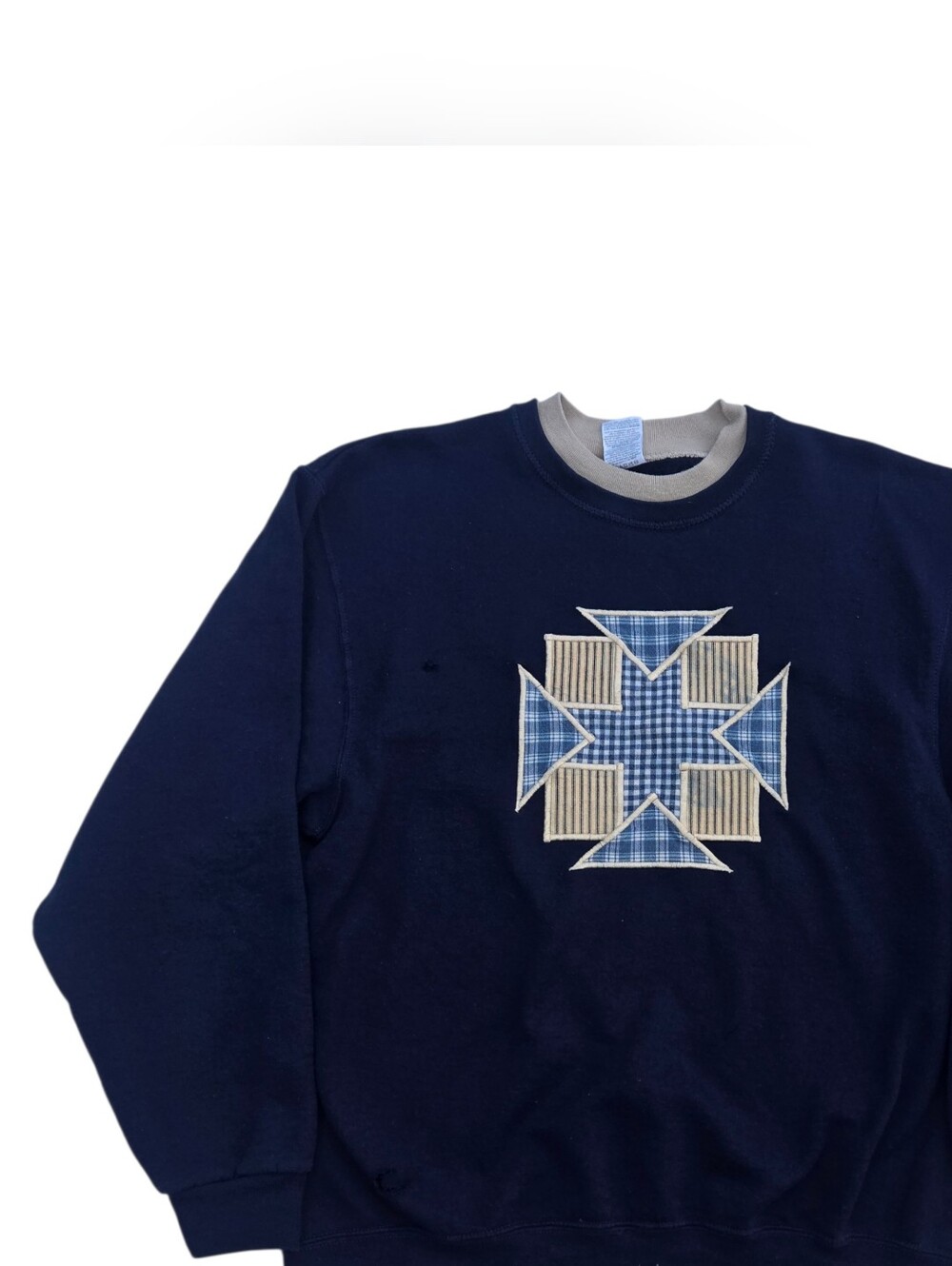 Jerzees navy crewneck sweatshirt with Quilted design Size L Cottagecore